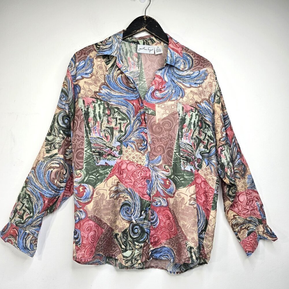Vintage 80s Jonathan Logan Paisley Blue Brown Silk Button Up Shirt